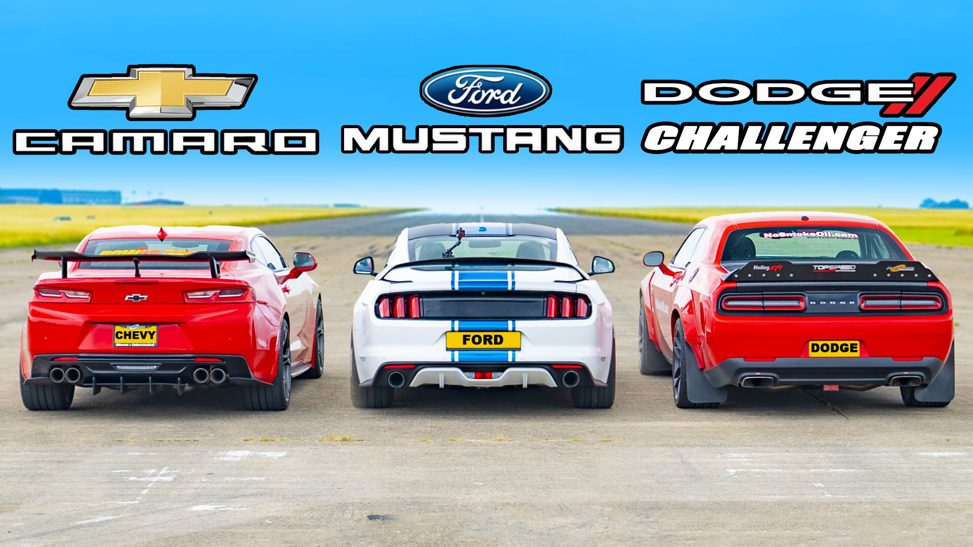 Drag race 650hp Chevrolet Camaro vs 735hp Ford Mustang vs 650hp Dodge