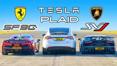 Drag race: Tesla Model X Plaid vs Ferrari SF90 vs Lamborghini Aventador SVJ  | carwow