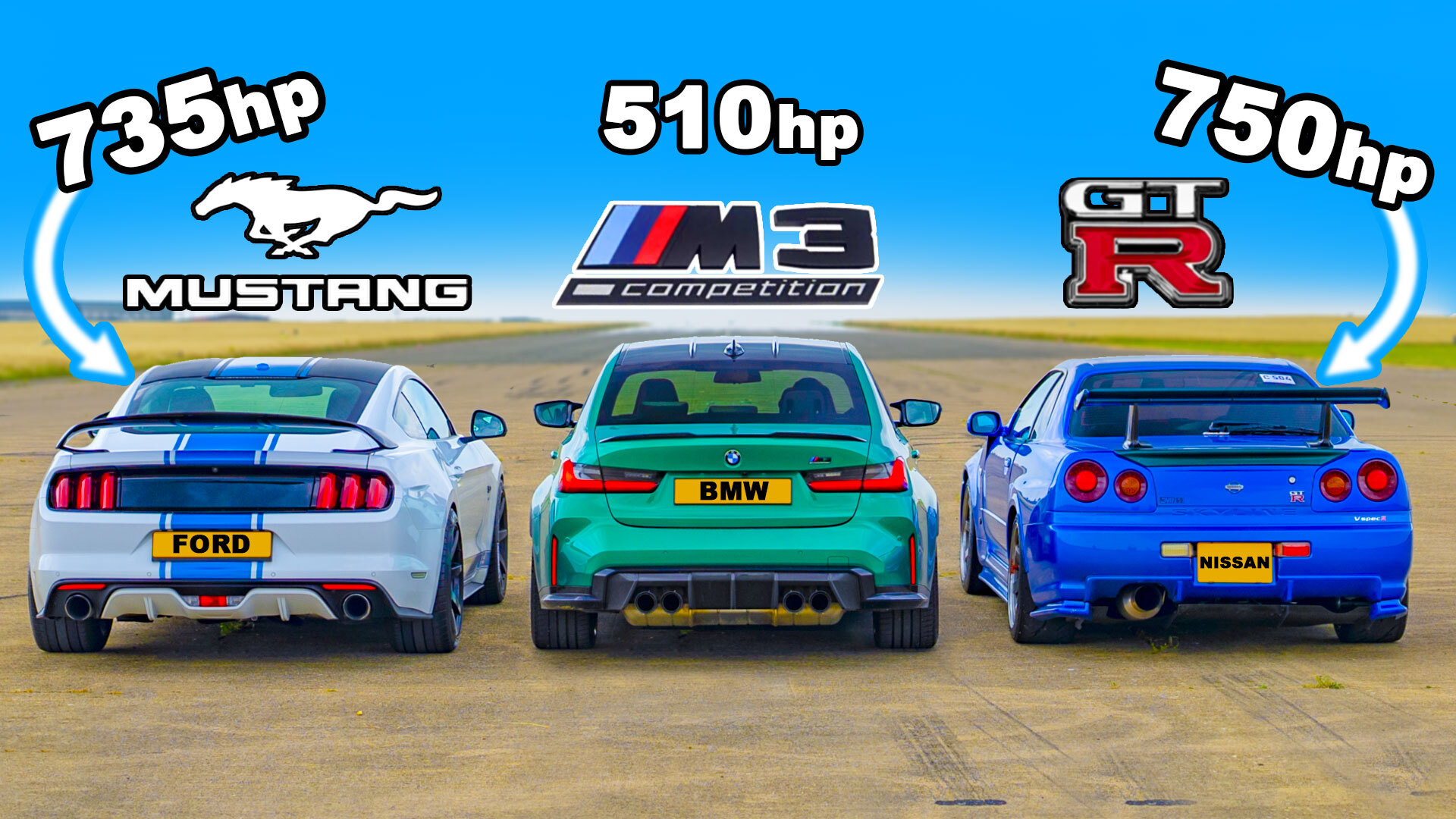 Drag race: tuned Ford Mustang vs BMW M3 Competition vs tuned Nissan Skyline  GT-R R34 | carwow